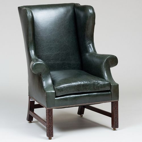 George III Style Mahogany and Green Leather Wing Chair, A. Schneller & Sons