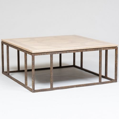 Modern Painted Metal and Pickled Oak Parquetry Low Table
