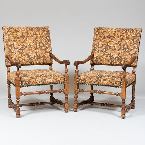Pair of Louis XIII Carved Fruitwood and Tapestry Upholstered Fauteuils Ã  la Reine