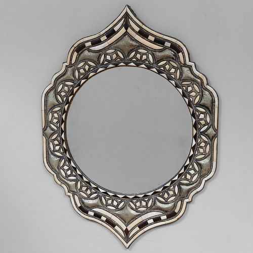 Moroccan Metal and Bone-Mounted Hardwood Mirror