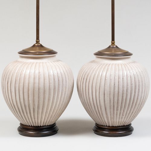 Pair of Japanese Style Ceramic and Metal Table Lamps