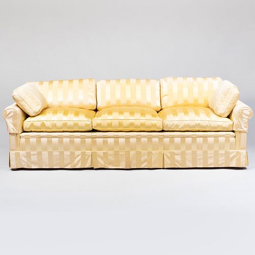 Yellow Silk Upholstered Three Seat Sofa in the Style of Syrie Maugham