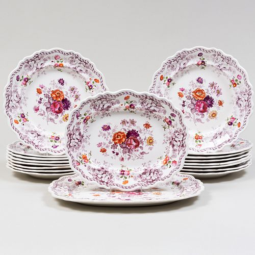 Set of Sixteen English Transfer Printed Dinner Plates and Two Platters in the 'Emerald Flowers'