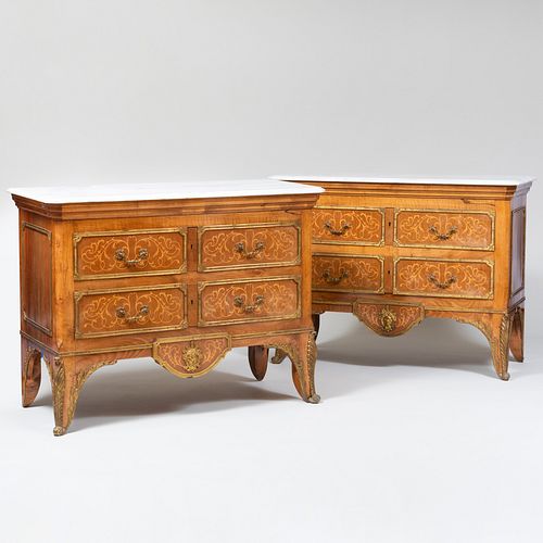 Pair of RÃ©gence Style Ormolu-Mounted Fruitwood Marquetry Commodes