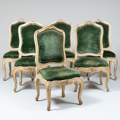 Set of Six Louis XV Carved Painted Upholstered Chaises Ã  la Reine