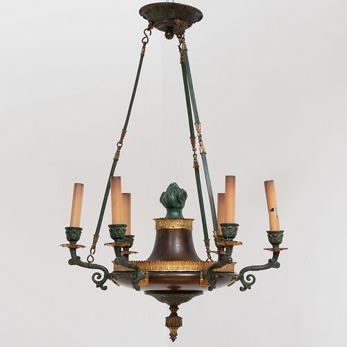 Empire Style Painted and Parcel-Gilt TÃ´le and Metal Six-Light Chandelier