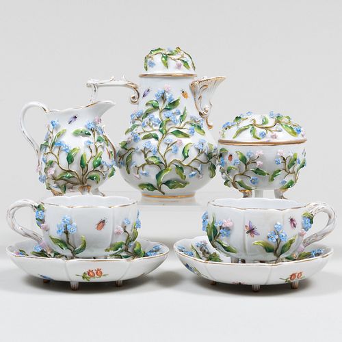 Meissen Style Porcelain Flower Encrusted Part Tea Service