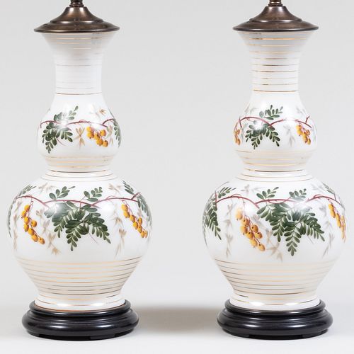 Pair of Painted Chinoiserie Glass Oil Lamps Mounted as Table Lamps