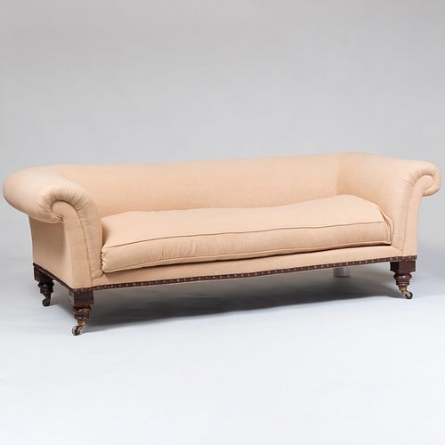 English Mahogany and Tan Wool Camelhair Upholstered Sofa 