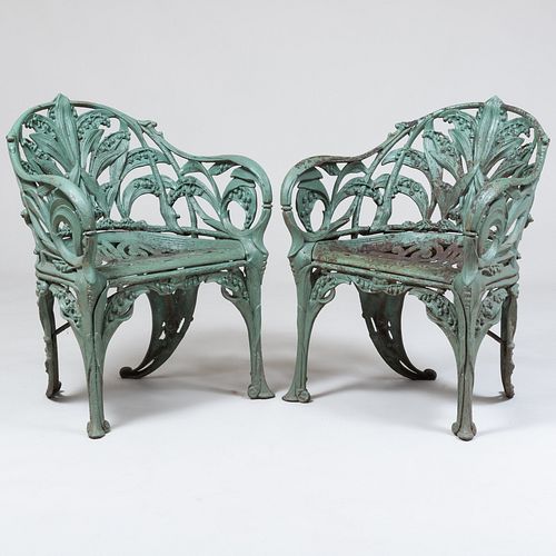 Pair of Victorian Green-Painted Wrought-Iron  Garden Armchairs