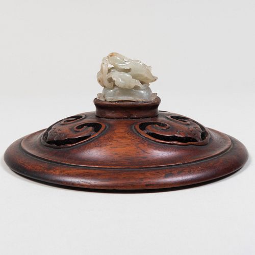 Chinese Jade Finial of a Duck Amongst Lotus and Carved Hardwood Cover