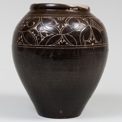 Chinese Black Glazed and Incised Earthenware Vase