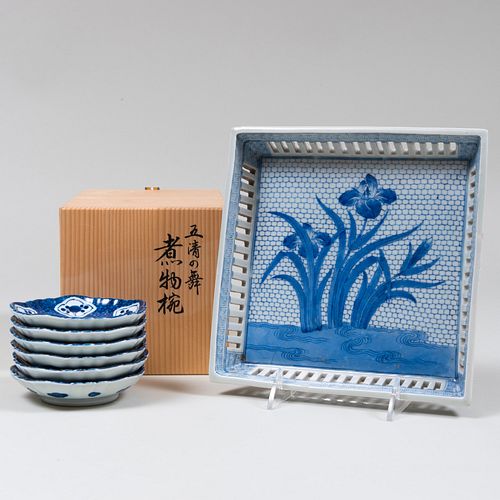 Japanese Porcelain Square Tray and a Set of Six Small Blue and White Dishes