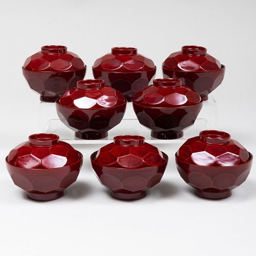 Set of Eight Japanese Lacquer Teabowls and Covers