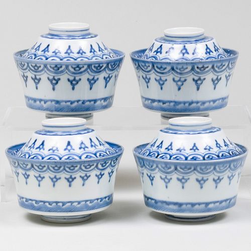 Set of Four Chinese Blue and White Porcelain Rice Bowls and Covers
