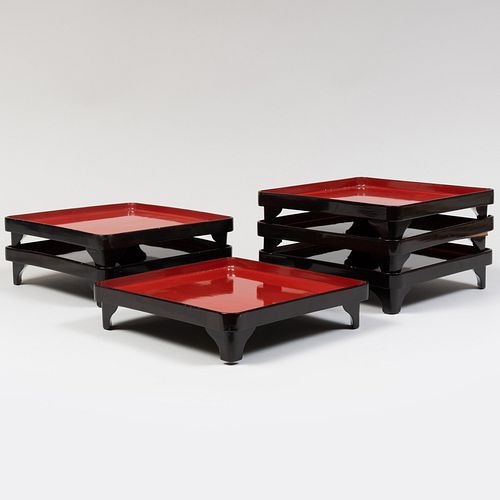 Group of Six Japanese Lacquer Stacking Low Tables