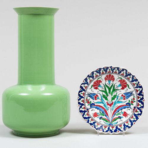 Chinese Style Green Glazed Porcelain Vase and an Iznik Style Glazed Porcelain Dish
