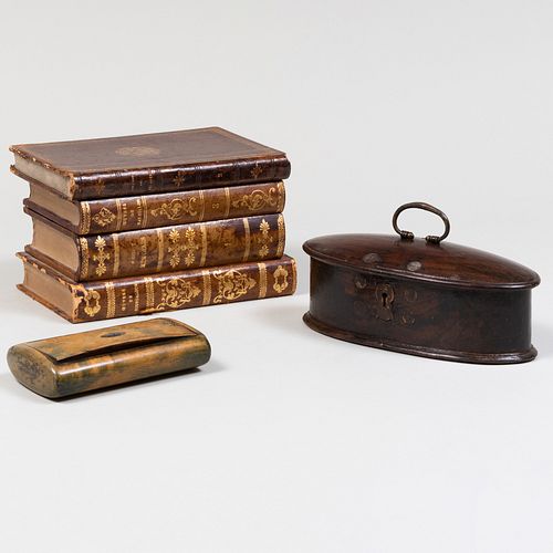 Leather Wrapped Book Form Tantalus and Two Wood Boxes