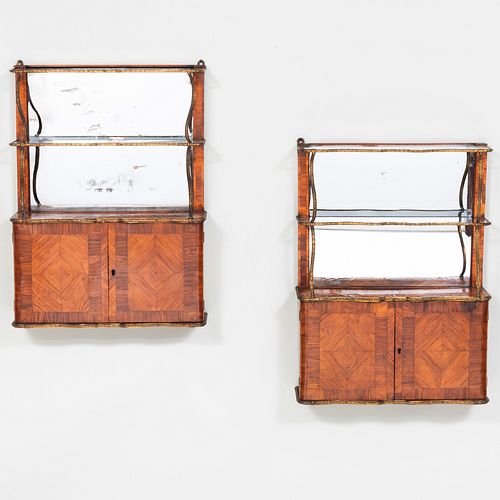 Pair of Victorian Brass-Mounted Tulipwood Parquetry and Mirrored Hanging Shelves