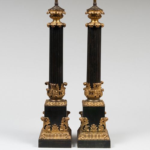 Pair of English Gilt-Bronze and Bronze Columnar Lamps