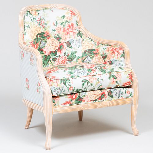 Modern Pickled Wood and Chintz Upholstered BergÃ¨re