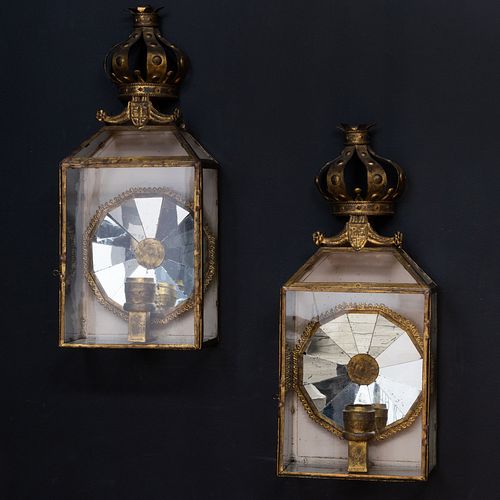 Pair of English Gilt TÃ´le and Painted Lanterns