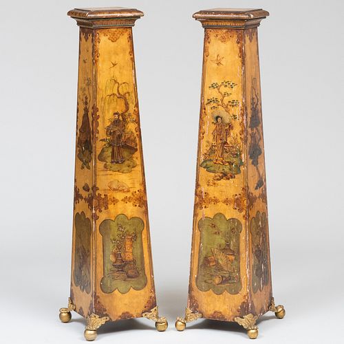 Pair of Unusual Victorian Gilt-Metal-Mounted Chinoiserie Japanned and Parcel-Gilt Pedestals