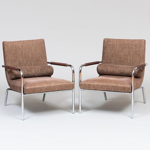 Pair of Modern French Chrome and Linen Upholstered Armchairs, Ligne Roset