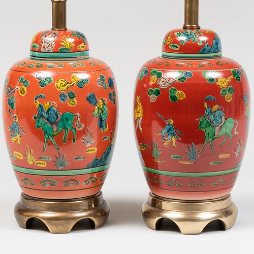 Pair of Chinese Iron Red Ground Porcelain Jars and Covers Mounted as Lamps