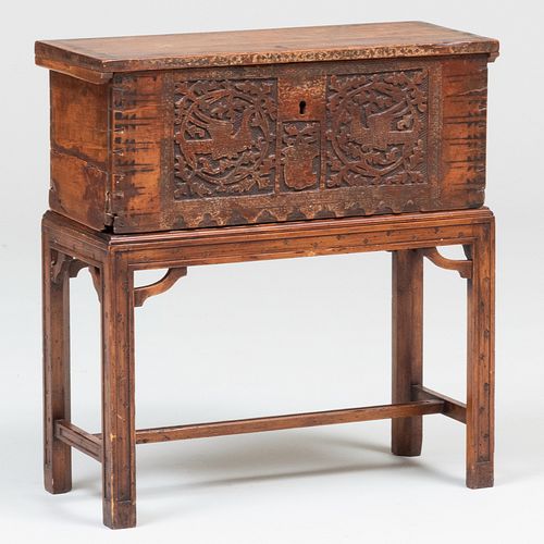 Scandinavian Carved Pine Box on a Later Stand