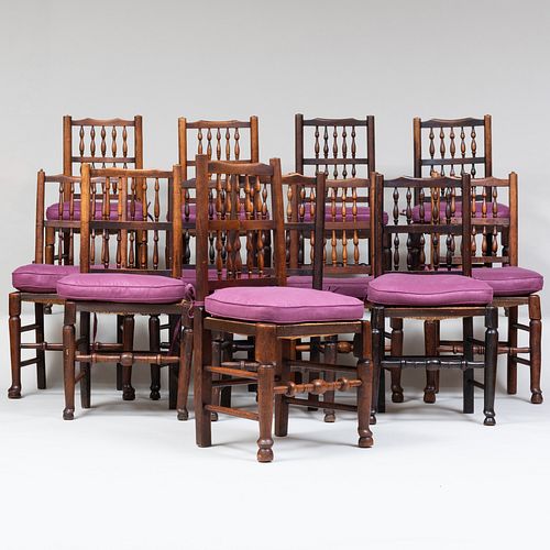 Assembled Set of Twelve English Oak Spindle Back and Rush Dining Chairs