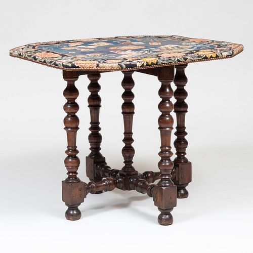 Louis XIII Style Octagonal Needlepoint and Turned Walnut Center Table