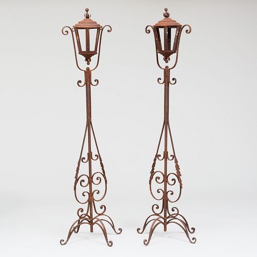 Pair of Venetian Style Rusted Metal Standing Lanterns