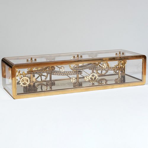Contemporary Brass and Lucite Display Table Enclosing Moving Gears