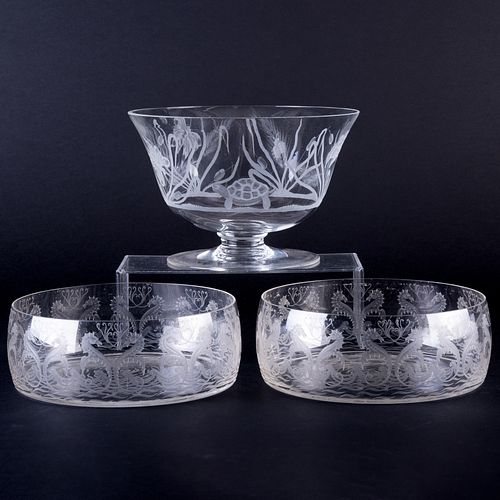 Three Etched Glass Sea Themed Bowls