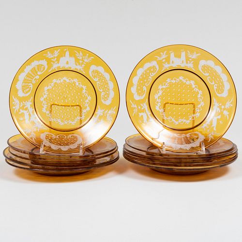 Set of Eleven Amber Etched Glass Dessert Plates