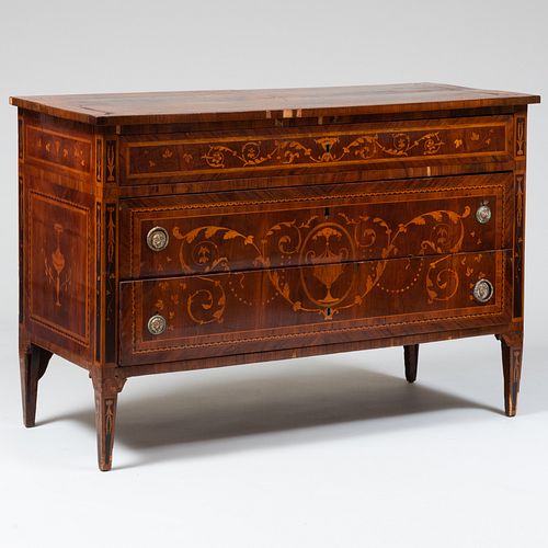 Italian Late Neoclassical Walnut and Fruitwood Marquetry Chest of Drawers 