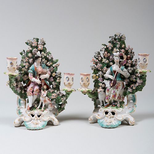 Pair of Chelsea Porcelain Figural Bocage Two-Light Candelabra