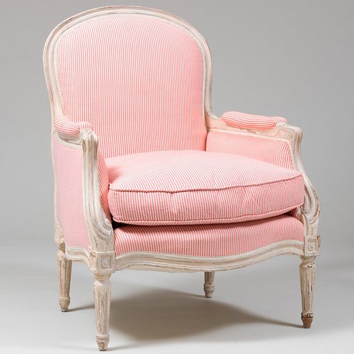 Louis XV/XVI Style White Painted Upholstered BergÃ¨re