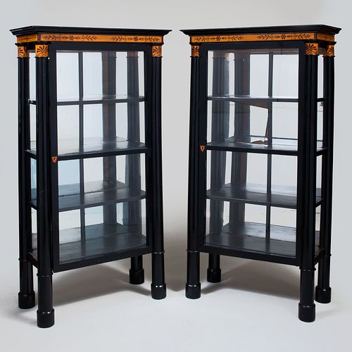 Pair of Biedermeier Style Ebonized and Inlaid Vitrine Cabinets