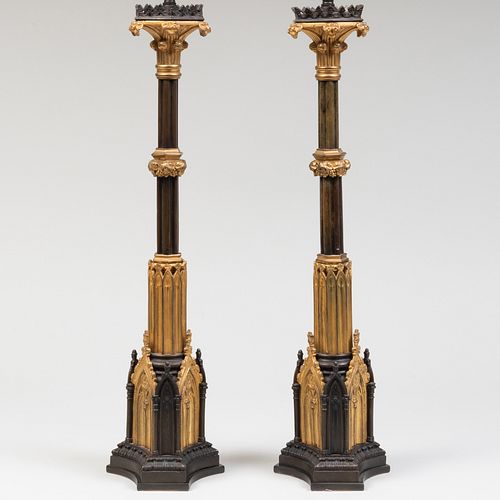 Pair of Neo-Gothic Parcel-Gilt Bronze Columnar Lamps