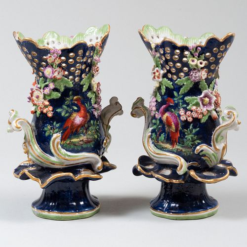 Pair of Continental Porcelain Flower Encrusted Cobalt Spill Vases
