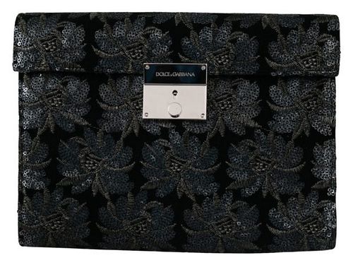 BLACK RICAMO SEQUINED LEATHER DOCUMENT BRIEFCASE BAG