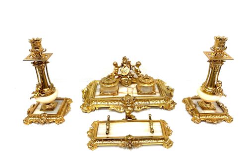 19th Century French Onix & Bronze Desk Set