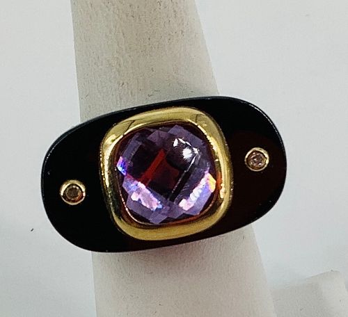 Unique Onyx, Amethyst, Diamond & Gold Ring