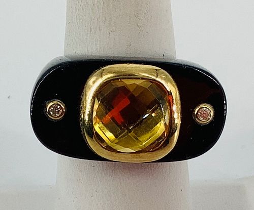 Unique Carved Stone Ring With Gold, Diamond & Citrine Accents
