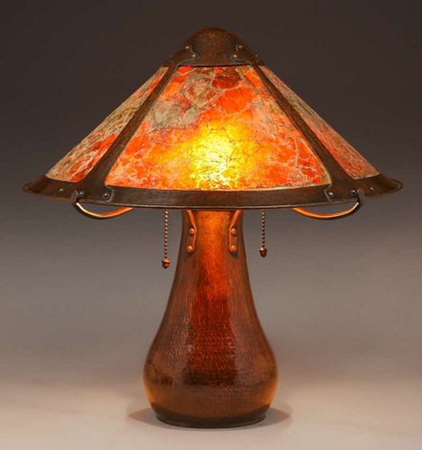 Dirk van Erp Hammered Copper & Mica Two-Socket Lamp c1911-1912