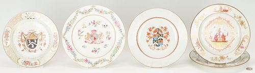 4 Chinese Export Porcelain Armorial Plates & 1 Shallow Bowl, Total 5