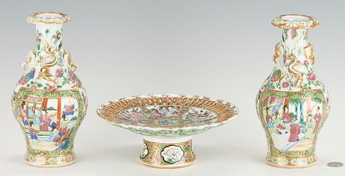 3 Pcs. Chinese Export Rose Medallion, Tazza & Vases
