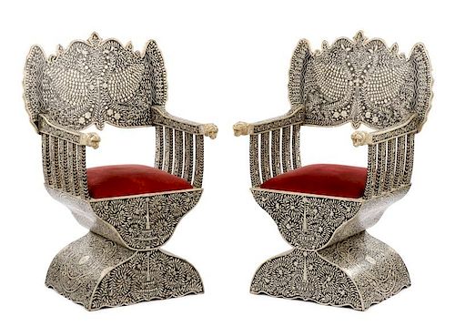 Pair of Anglo-Indian Bone Inlaid Throne Chairs